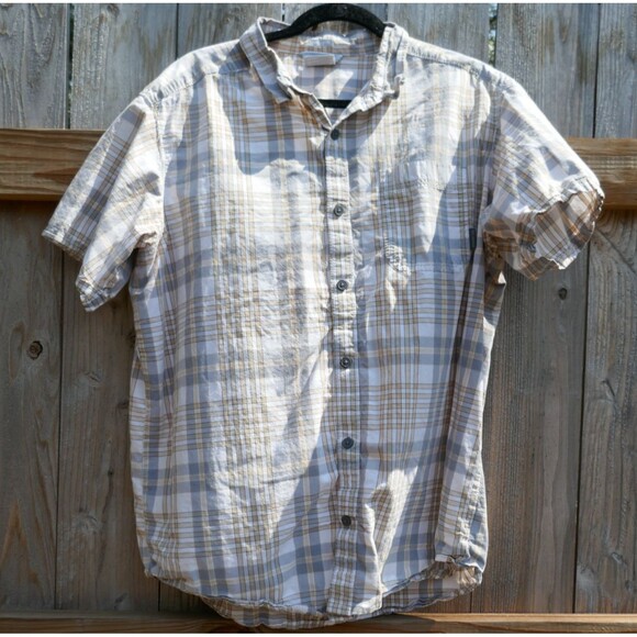 Columbia Men's Cotton Shirt Button Pockets Plaid Short Sleeve XL Tan Gray White - Picture 1 of 7